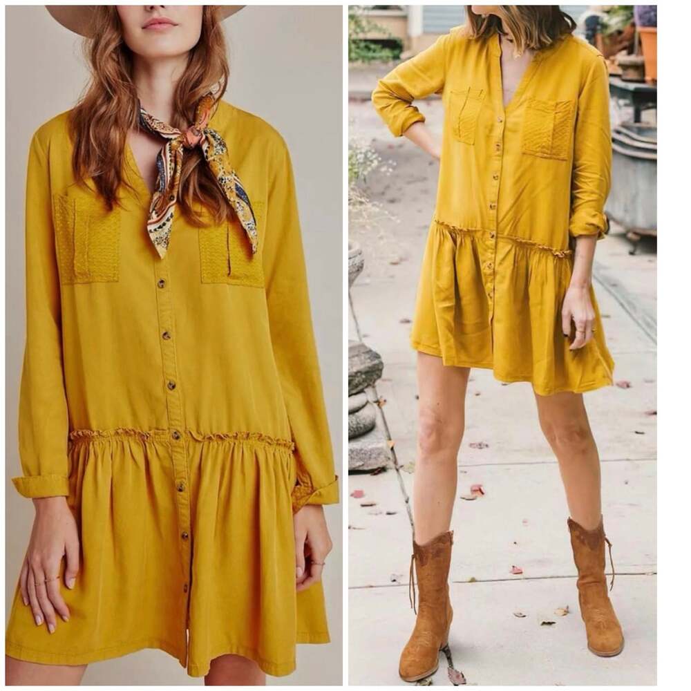 Maeve by Anthropologie Mustard Yellow Drop Waist Shirt Dress Cottagecore boho